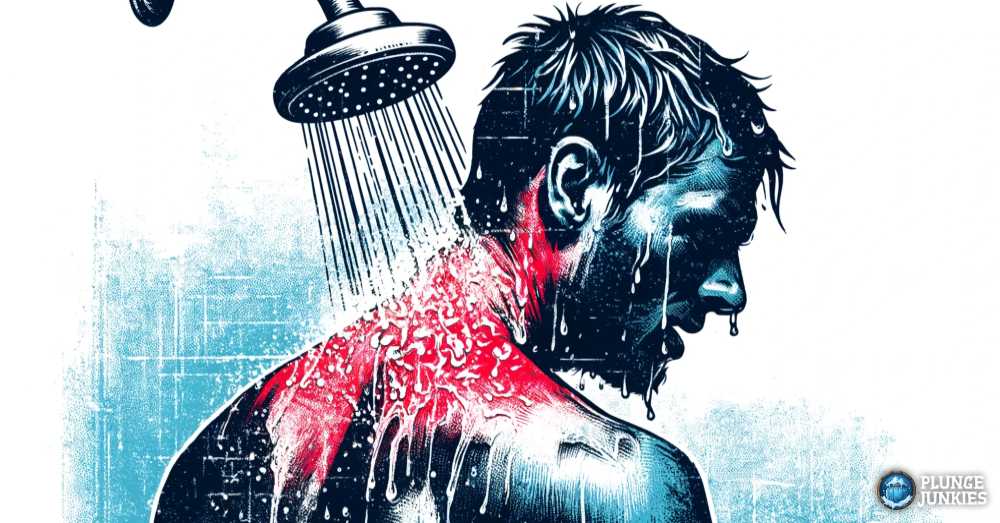 illustration of man with neck sunburns shoulders up view in cold shower