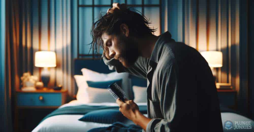 man brushing wet hair before bed after cold shower