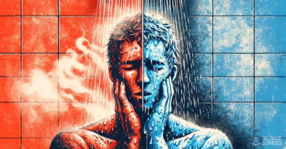 split picture showing man taking hot and cold shower