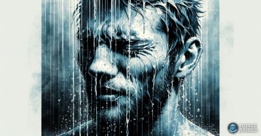 man face while in cold shower with stylized water effect.