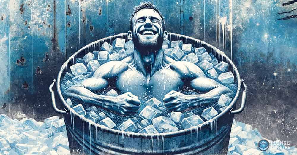 Man taking ice bath in winter, extreme cold therapy.