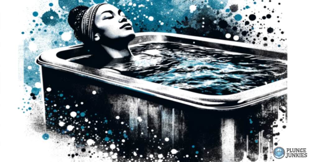 Woman resting in artistic blue and white bathtub