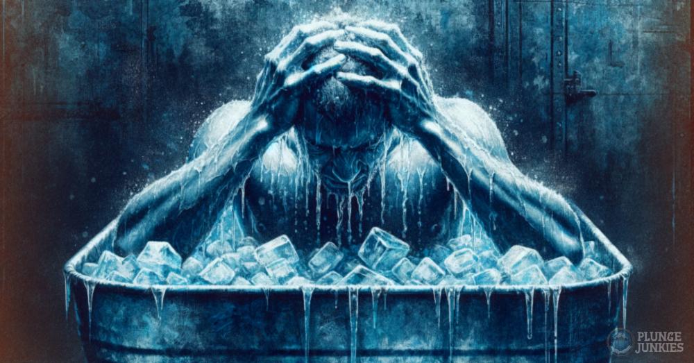 Person submerged in icy water holding head