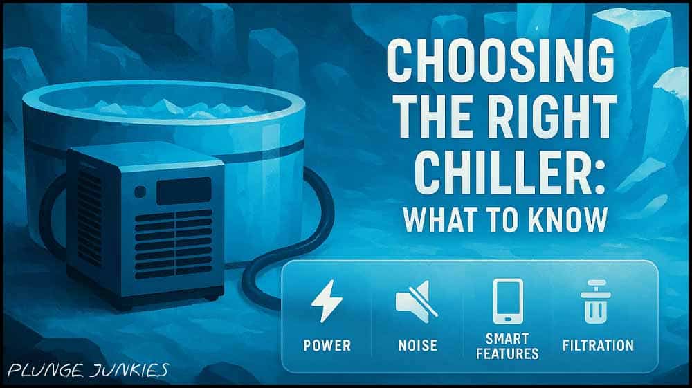Illustrated guide showing a cold plunge tub and chiller with frosted glass overlay and feature icons for power, noise, smart features, filtration, and setup