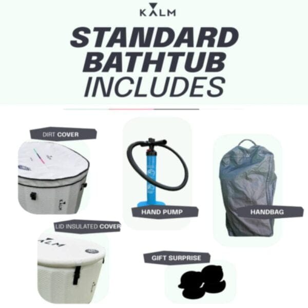 Portable plunge tub accessories including hand pump and covers.