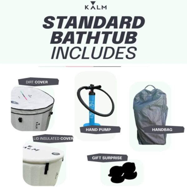 Kalm portable bathtub accessories including pump, covers, and handbag.