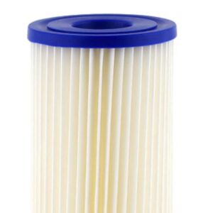 Pleated water filter cartridge with blue end cap.