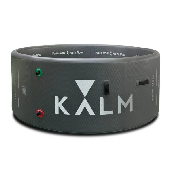 Gray KALM-brand wearable device on white background