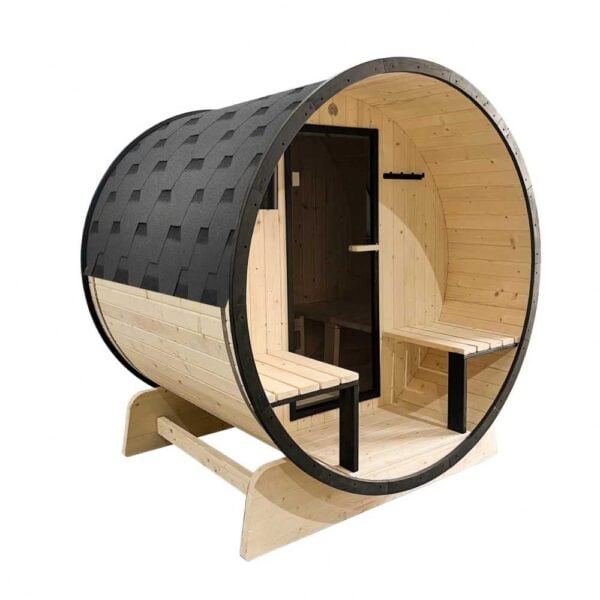 White Pine 4 Person Barrel Sauna with Black Accents & Front Porch Canopy