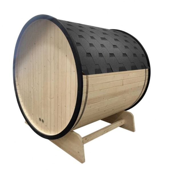 White Pine 4 Person Barrel Sauna with Black Accents & Front Porch Canopy - Back