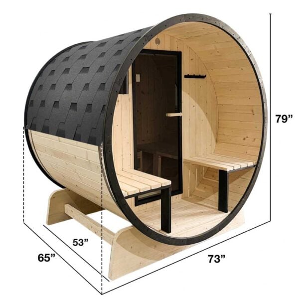 White Pine 4 Person Barrel Sauna with Black Accents & Front Porch Canopy - Dimensions