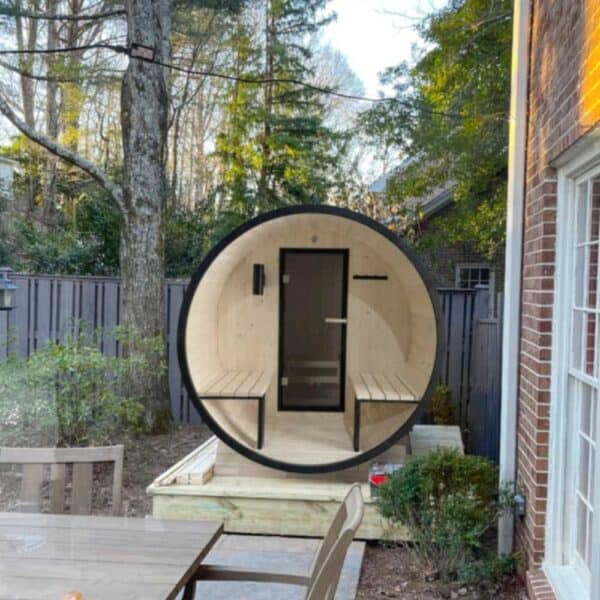 White Pine 4 Person Barrel Sauna with Black Accents & Porch Canopy