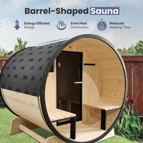 White Pine 4 Person Barrel Shaped Sauna with Black Accents & Front Porch Canopy