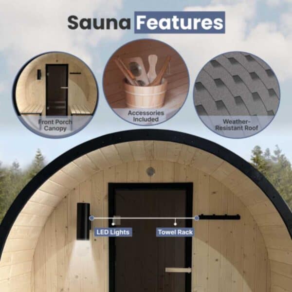 White Pine Barrel Sauna with Black Accents & Porch Canopy Features