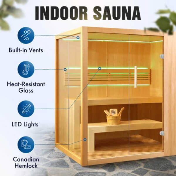 Aleko Canadian Hemlock Traditional Indoor Sauna with LED Lights - 6 Person - Features