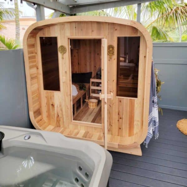 Aleko Outdoor Rustic Cedar Square Sauna Close