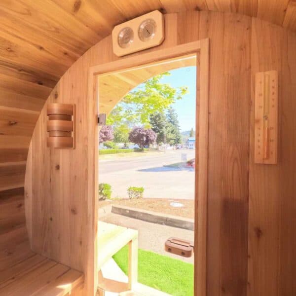 Aleko Red Cedar Barrel Sauna - 8 Person - Interior Porch View