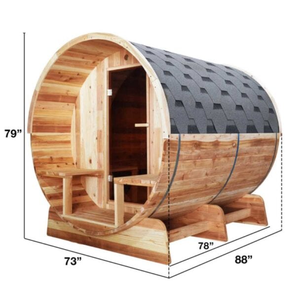 Aleko Red Cedar Barrel Sauna - 8 Person Porch Panoramic Dimensions