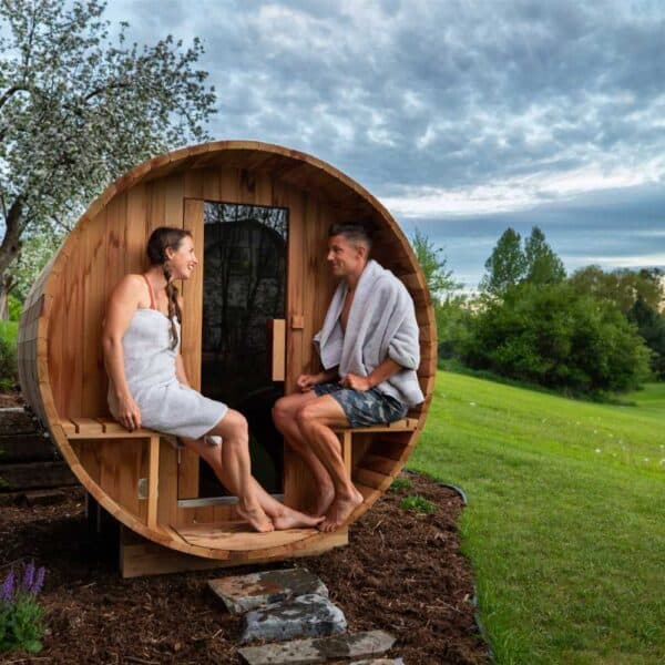 Aleko Red Cedar Barrel Sauna - Porch Seats