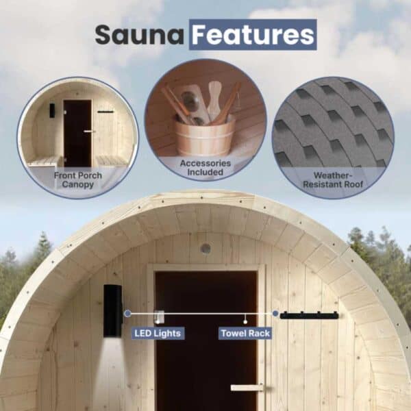 Aleko White Pine 8 Person Barrel Sauna Features