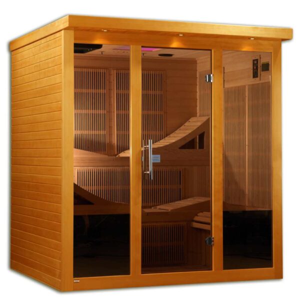 Left angled view of the Dynamic Manaco 6 person Ultra Low EMF FAR Infared Sauna