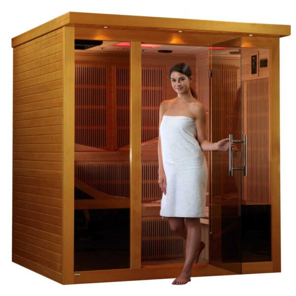 front view of the Dynamic Manaco 6 person Ultra Low EMF FAR Infared Sauna With Model