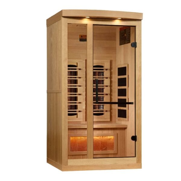 Golden Designs 1-2 Person Full Spectrum PureTech™ Near Zero EMF FAR Infrared Sauna with Himalayan Salt on white background