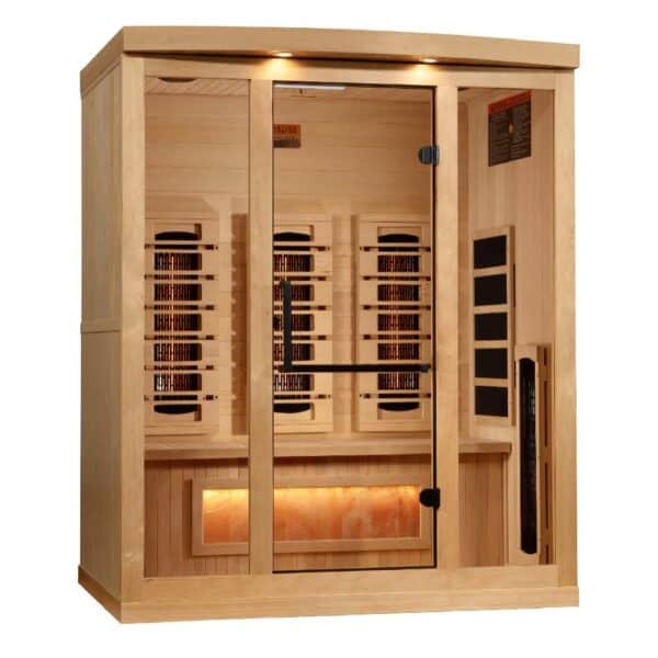 Golden Designs 3-Person Full Spectrum PureTech™ Near Zero EMF FAR Infrared Sauna with Himalayan Salt on white background