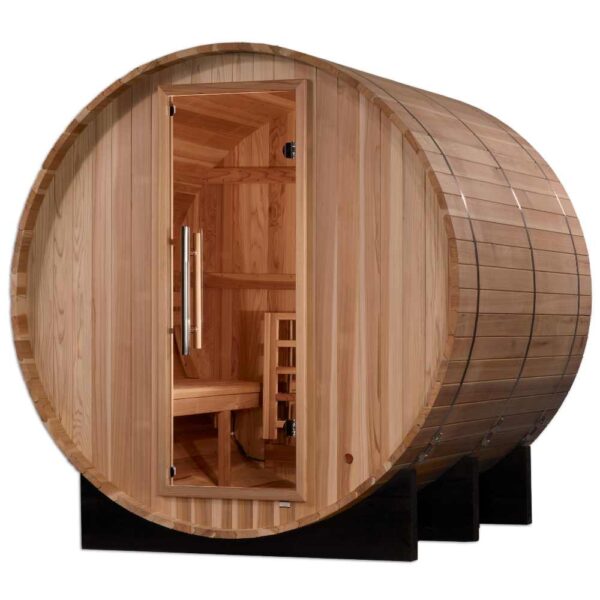 Angled Front View of Golden Designs Arosa 4-Person Traditional Barrel Sauna