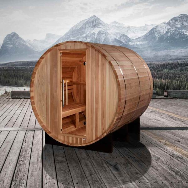 Golden Designs Arosa 4-Person Traditional Barrel Sauna Outdoors Close Up