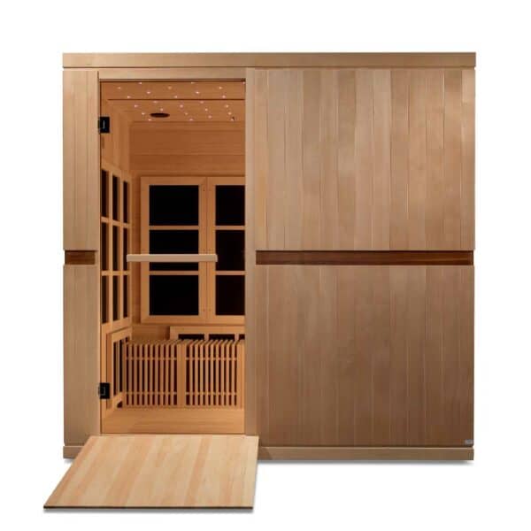 front view of Golden Designs Catalonia 8-person PureTech™ Near Zero EMF FAR Infrared Sauna with ramp