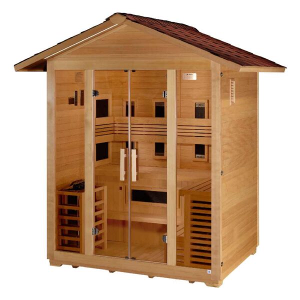 Angled Front View of Golden Designs Gargellen 5-Person Hybrid Outdoor Sauna