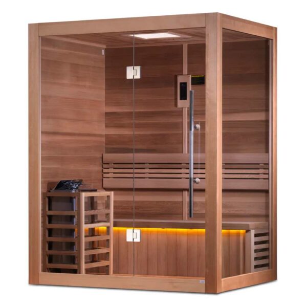 Angled Right View of Golden Designs Hanko 2-3-person Traditional Red Cedar Sauna