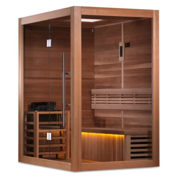 Angled Side View of Golden Designs Hanko 2-3-person Traditional Red Cedar Sauna