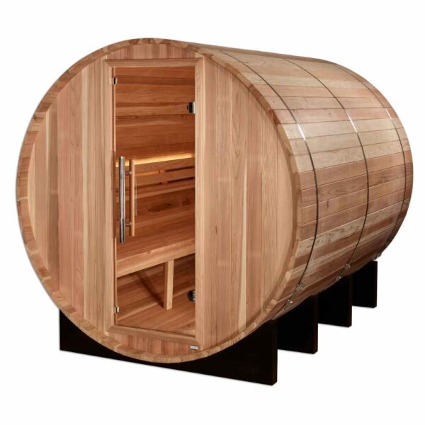 Angled Front View of Golden Designs Klosters 6-Person Barrel Traditional Sauna