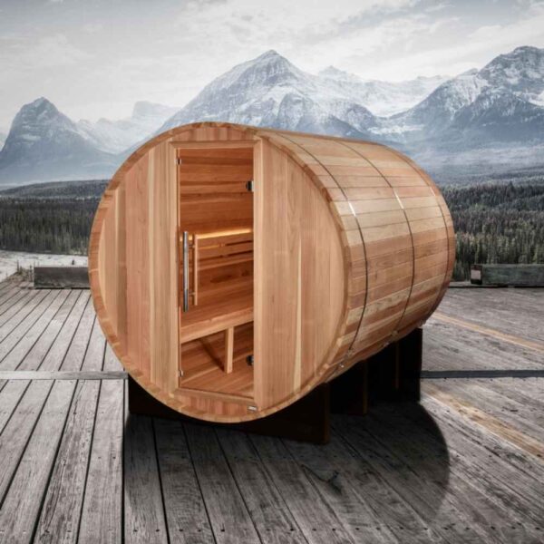 Golden Designs Klosters 6-Person Traditional Barrel Sauna Outdoors Close Up