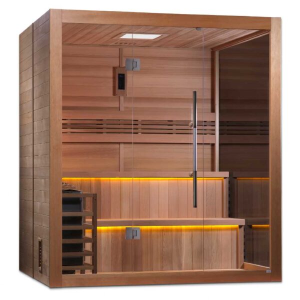 Angled Left View of Golden Designs Kuusamo 6-person Traditional Red Cedar Sauna