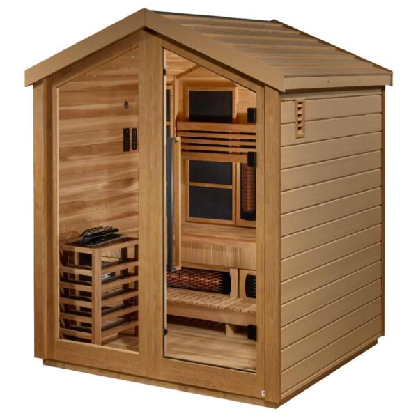 Angled View of Golden Designs Loviisa 3-Person Hybrid Outdoor Sauna