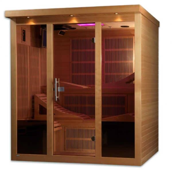 Golden Designs Monaco 6-person PureTech™ Near Zero EMF FAR Infrared Sauna Angled Left