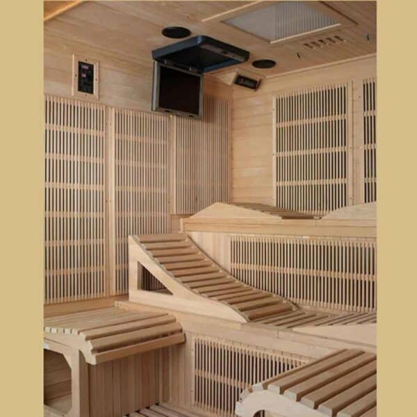 Golden Designs Monaco 6-person PureTech™ Near Zero EMF FAR Infrared Sauna Interior angle