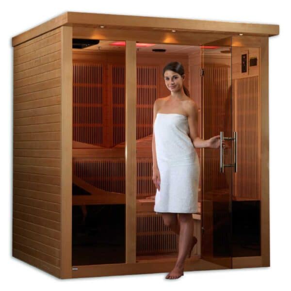 Golden Designs Monaco 6-person PureTech™ Near Zero EMF FAR Infrared Sauna With Woman Model