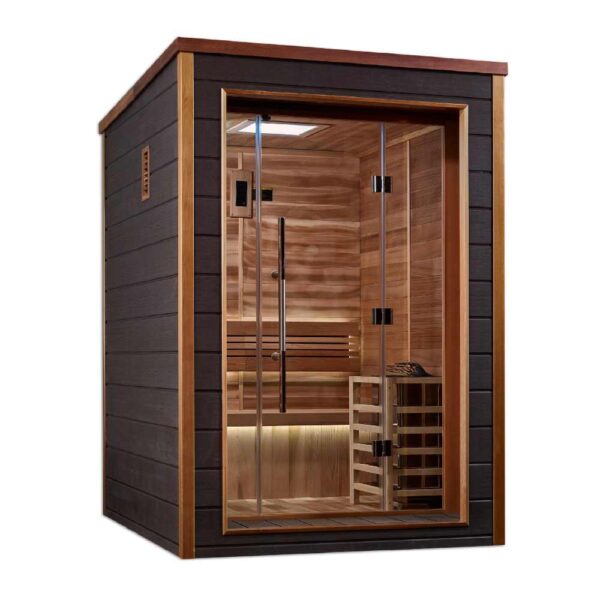 Angled Left View of Golden Designs Narvik 2 Person Traditional Red Cedar Sauna