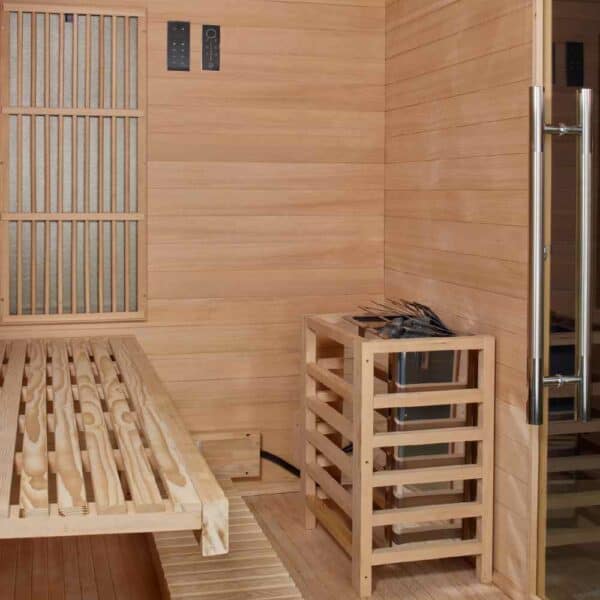 Golden Designs Soria 3 Person Full Spectrum Hybrid Sauna interior close up view