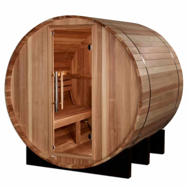 Golden Designs St. Moritz 2-Person Traditional Barrel Sauna on white background