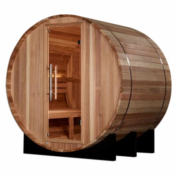 Front Angle View of Golden Designs St. Moritz 2-Person Traditional Barrel Sauna