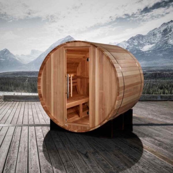 Close Up Outdoor View of Golden Designs St. Moritz 2-Person Traditional Barrel Sauna