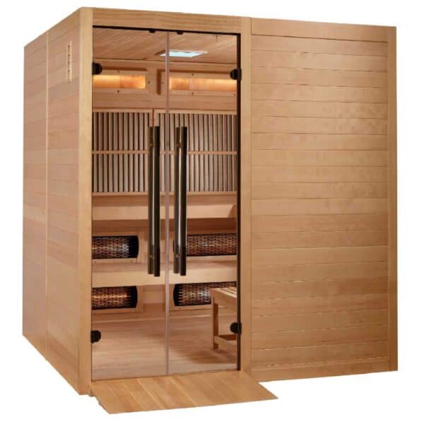 angled right view of Golden Designs Toledo 6 Person Full Spectrum Hybrid Sauna with ramp