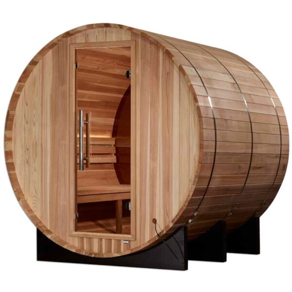 Angled View of Golden Designs Zurich 4-Person Traditional Barrel Sauna