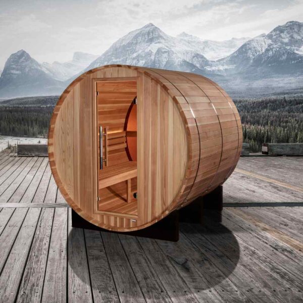 Outdoor View of Golden Designs Zurich 4-Person Traditional Barrel Sauna With mountain background