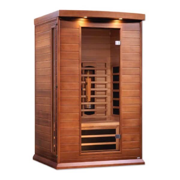 Angled Left View of Maxxus 2 person Full Spectrum EMF FAR Infared Red Cedar Sauna